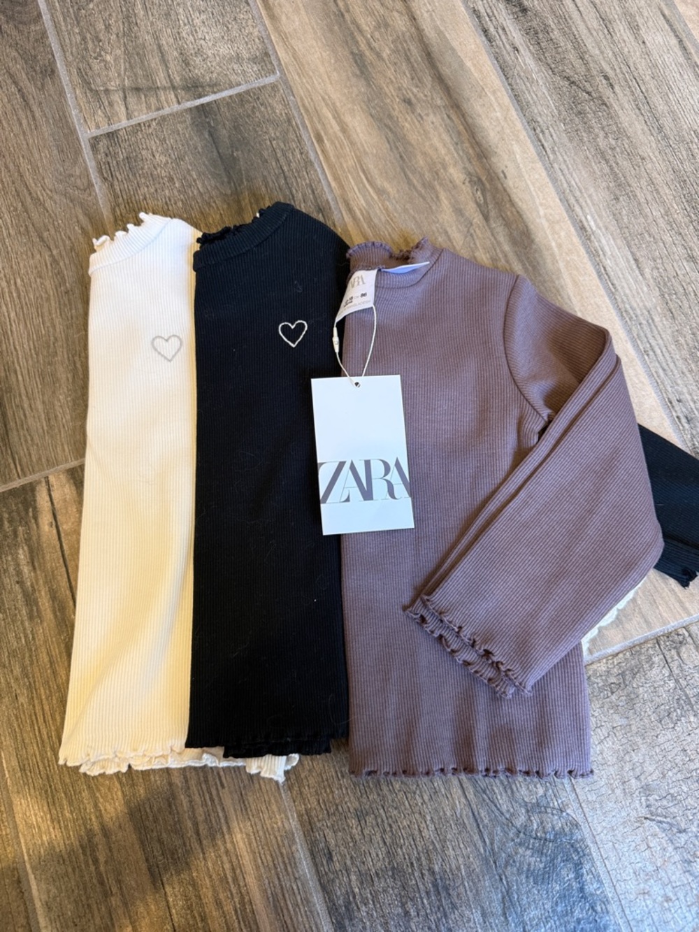 Zara Ribbed Lettuce-Edge Long Sleeve Tops - Ivory, Black, Mauve